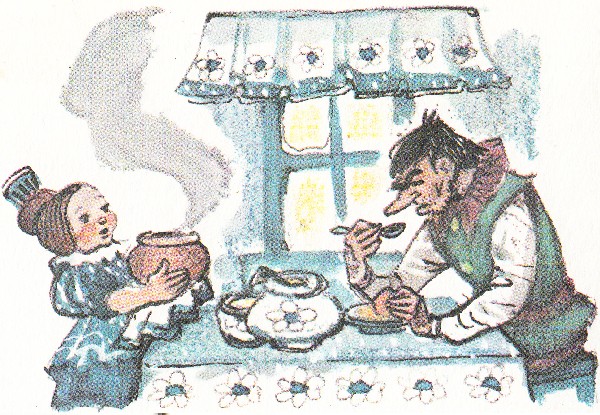На столике, покрытом голубой скатертью, в голубых тарелках появлялись вкусные кушанья